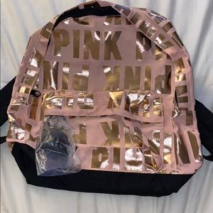 VS pink mini rose gold metallic logo back pack NWT